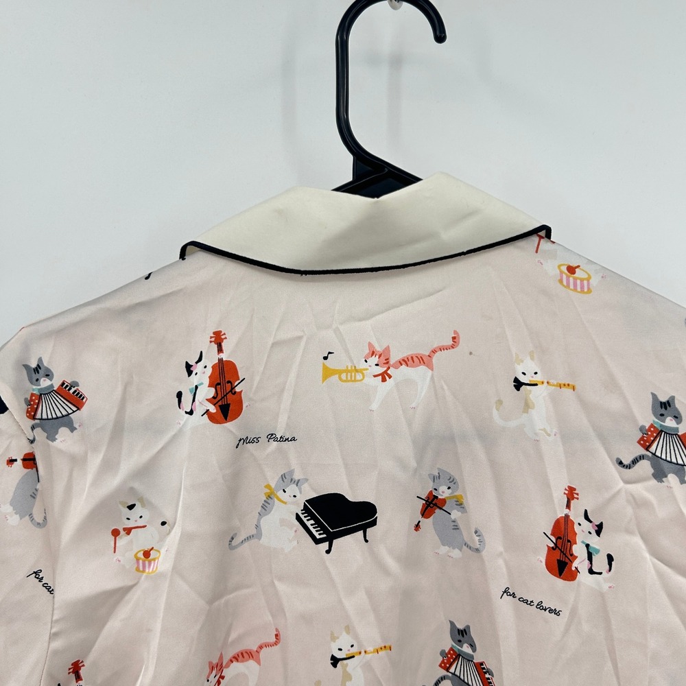 Miss Patina Musical Cat Print Novelty Collar Blouse M Pink Twee Kawaii Whimsical - Picture 6 of 9